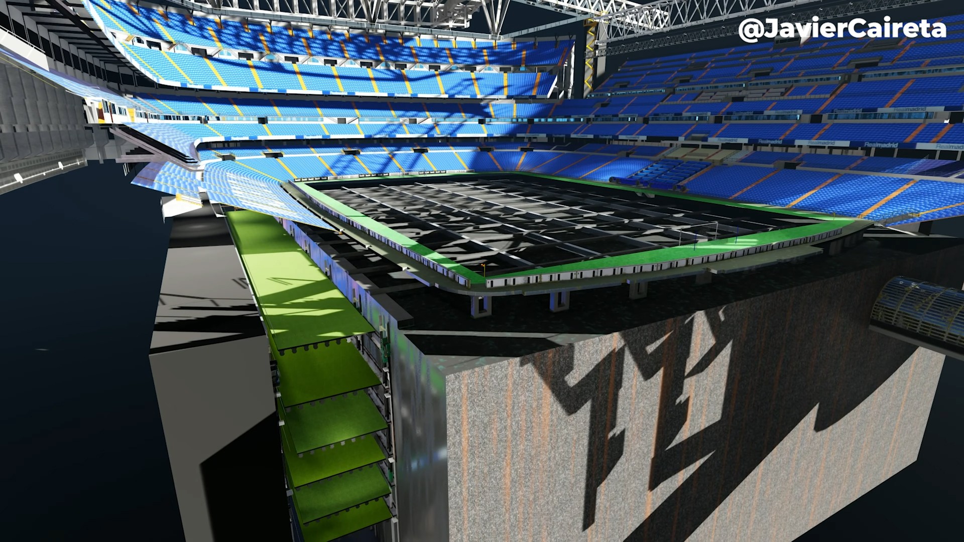 Real Madrid show off their extraordinary new retractable pitch that can be  stored beneath the Santiago Bernabeu with the click of a button, with the  Spanish giants set to earn BILLIONS in