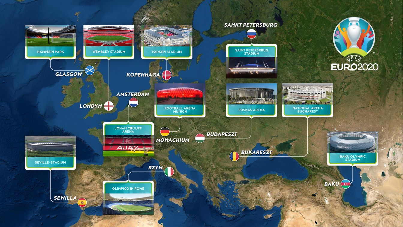 Euro 2020 mapa stadionów i miast-gospodarzy