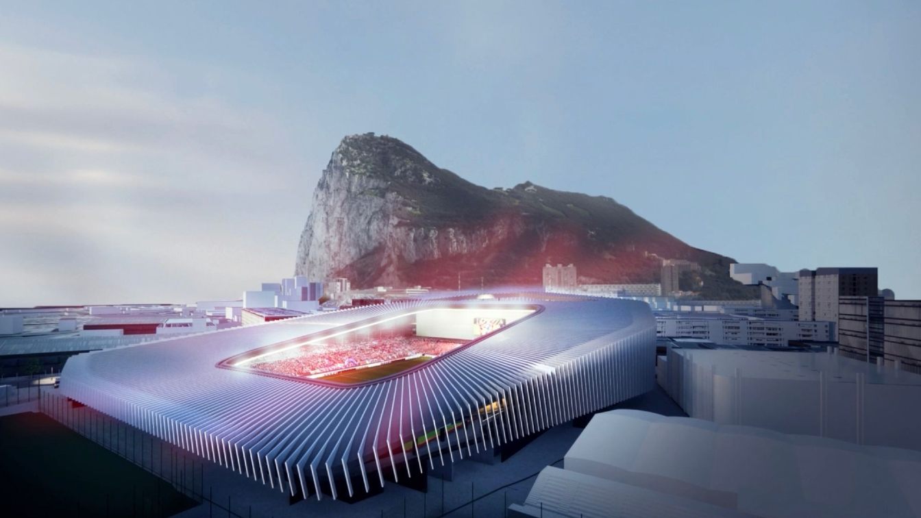 visualisation of national stadium with a massive rock in the background