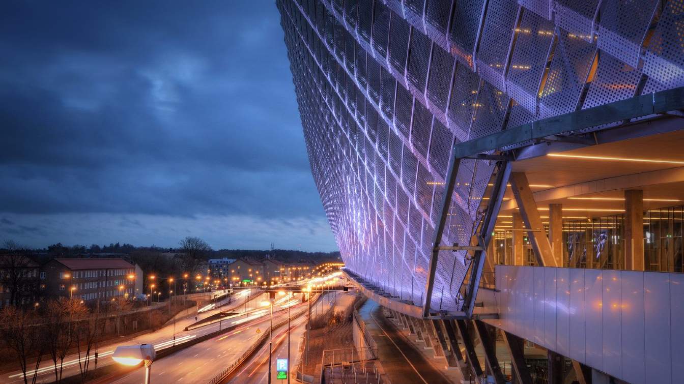 stunning side-view of the facade of the Tele2 Arena