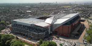 England: Anfield Road Stand with half the roof - Liverpool construction report