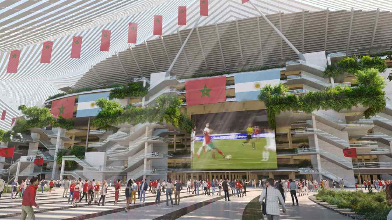 There will be huge green spaces under the roof of the Grand Stade Hassan II, inspired by the tents of the moussem festival.