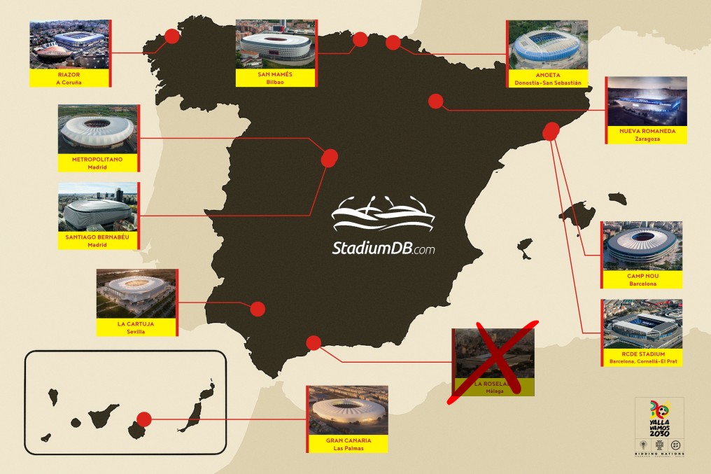 Following Malaga's withdrawal, Spain has 10 host cities left. Coruña is at risk, as it still has no project or funding for the Riazor expansion.