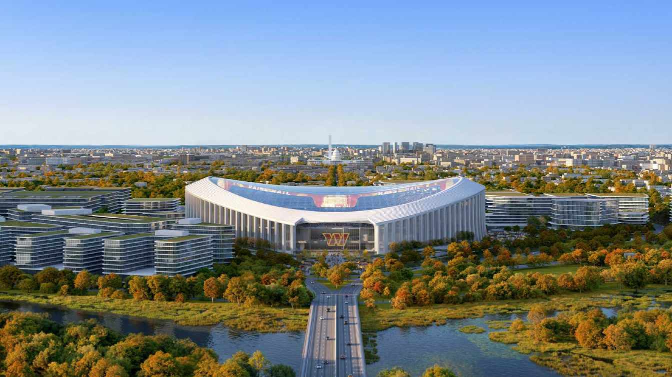 The new stadium for Washington Commanders in Washington, D.C. is designed as part of a green urban space, with around 30% of the area dedicated to parks and recreation.